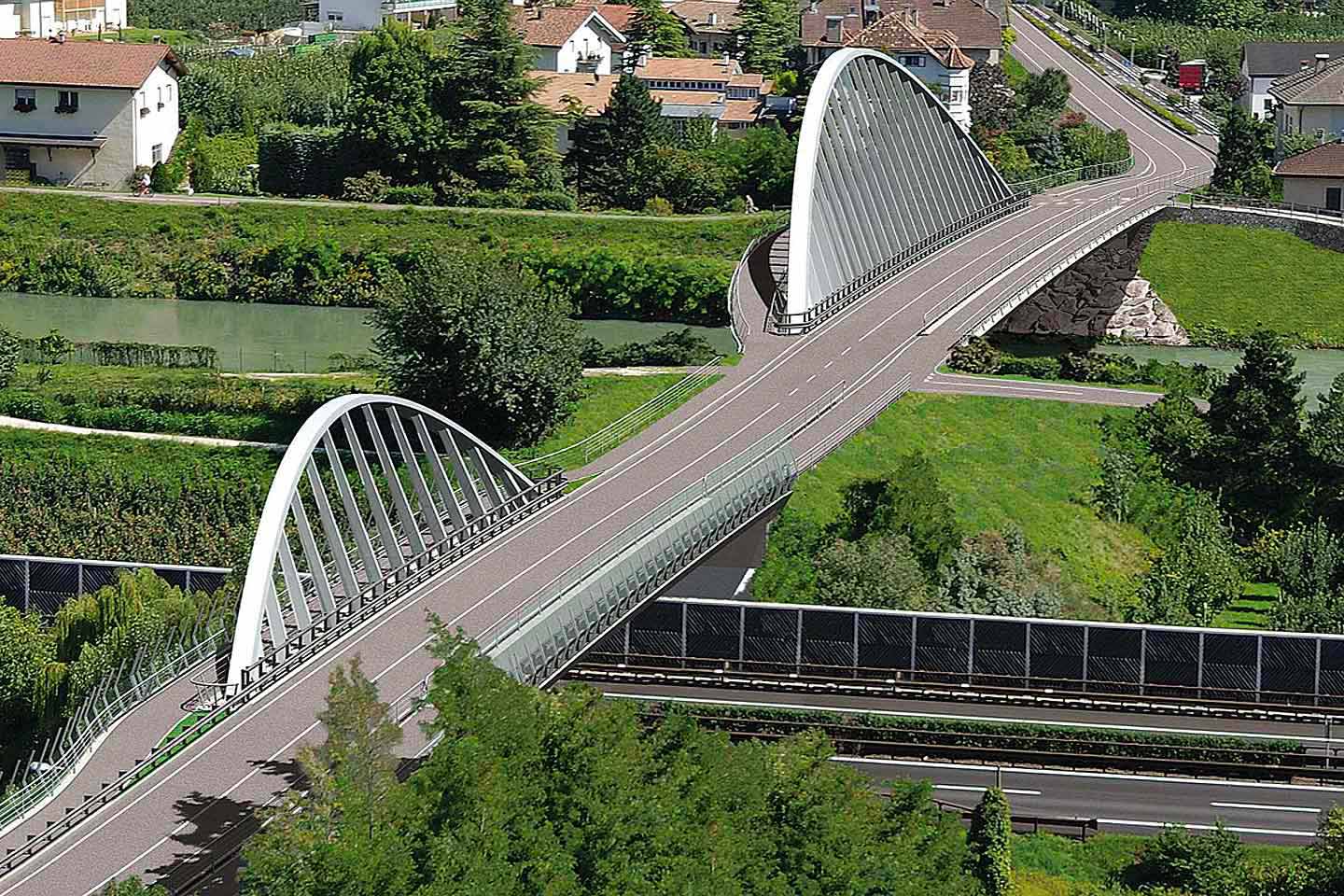 Arch bridge over the river Adige and viaducts over the highway A22